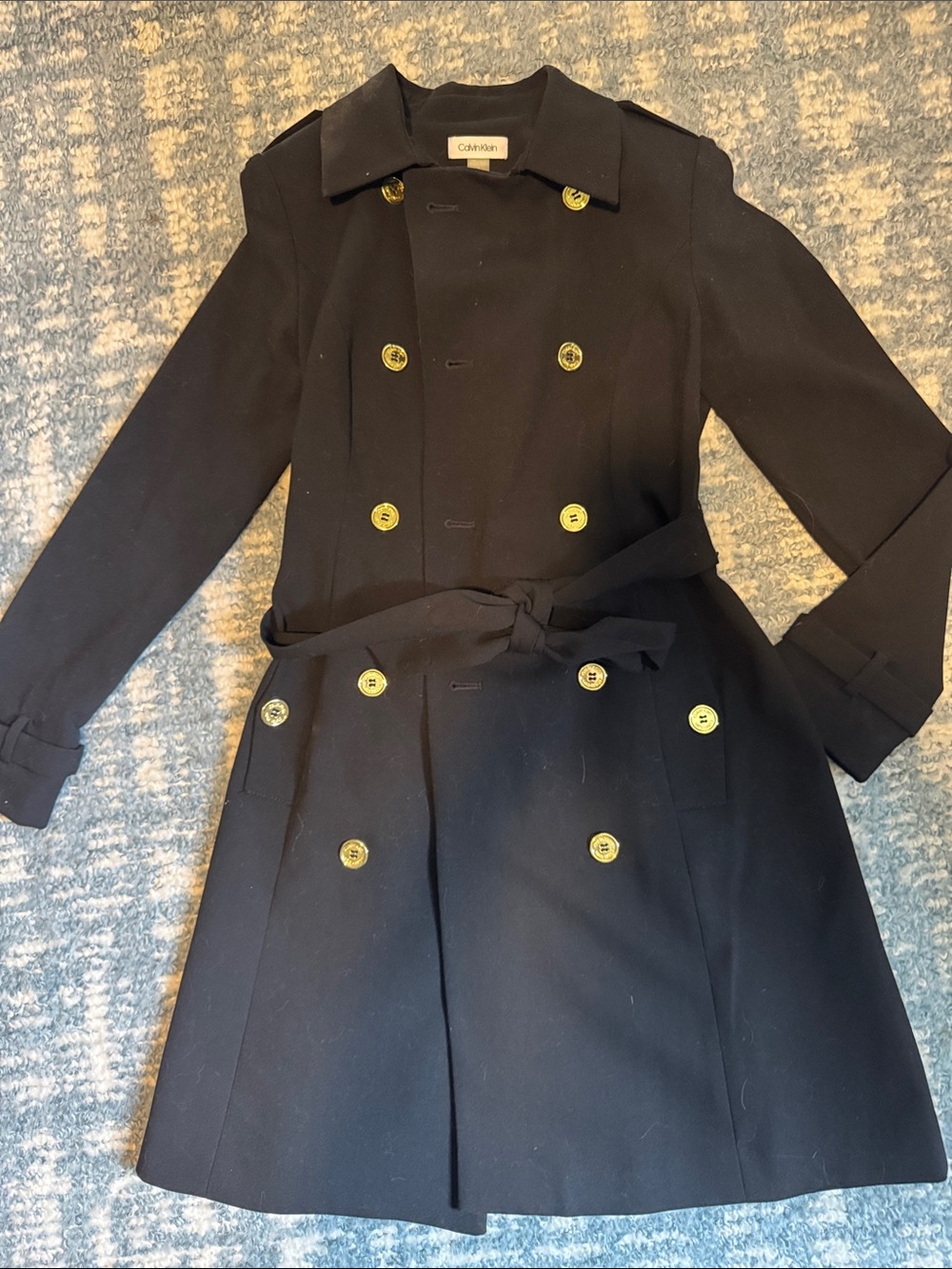 Calvin Klein Navy Double-Breasted Trench Coat with Gold Buttons